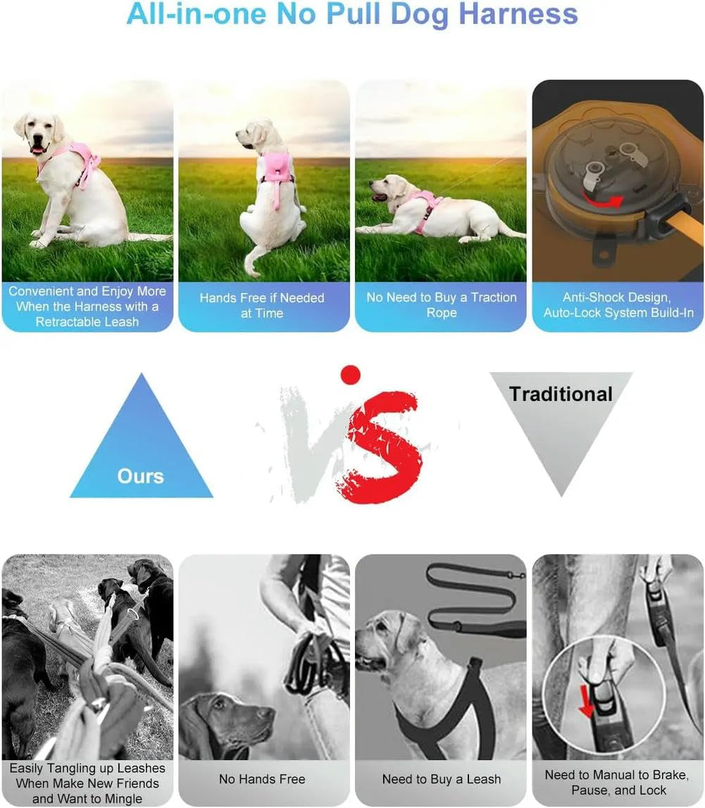 AMOBOX Hundegeschirr für mittelgroße Hunde, kein Ziehen, Geschirr für Hunde, mit integrierter einziehbarer Leine, strapazierfähiges Hundegeschirr mit Frontclip