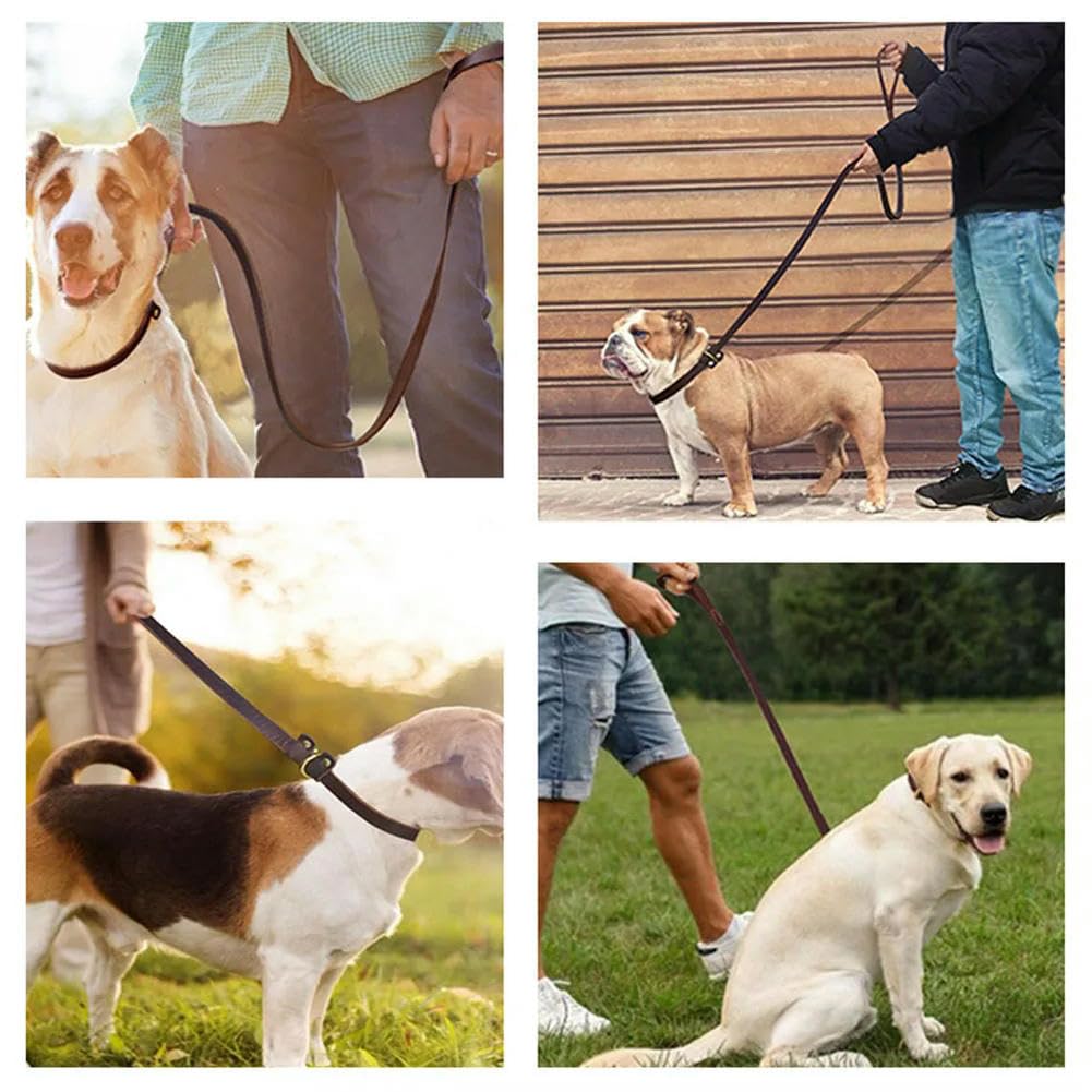 Real Leather Dog Slip Lead Leash Adjustable Pet Dog Slip Chain with Slider Strong Flat Leather Dog Training Leash for Large Dogs