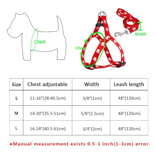 umsl Nylon Dog Harness and Leash Set Adjustable Paw Print Dog Harness Walking Leash Strap for Small Medium Dogs S/M/L